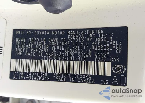 2017 Toyota Corolla Se из США, поврежденный, VIN 2T1BURHE2HC944143